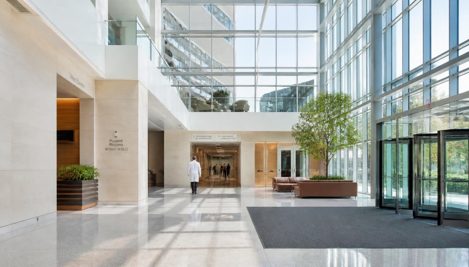 Hospital atrium with glass frontage and natural light